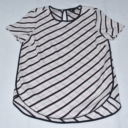 A short-sleeve blouse with diagonal black and thin red stripes on a white base, featuring a round neckline with a keyhole cutout at the back.