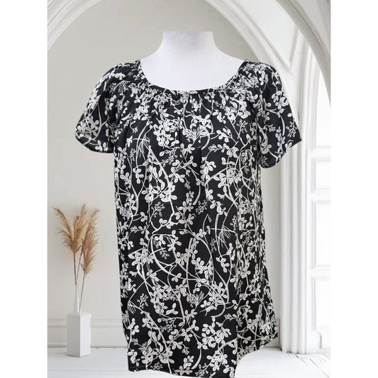 Loft Women Top Sz XS NWT Black Satin Floral Ruched Neckline Short Sleeve