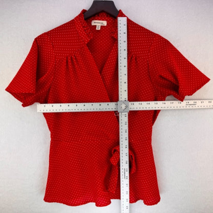 Monteau Women Blouse Sz M Red and white polka dots faux wrap