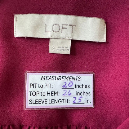 LOFT Women Top Sz S Burgundy Collarless Button Down Shirt Long Cuffed Sleeve