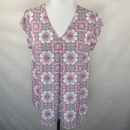DR2 Ladies Sz S Multicolor Blouse Cap Sleeve VNeck Flowy Career Work