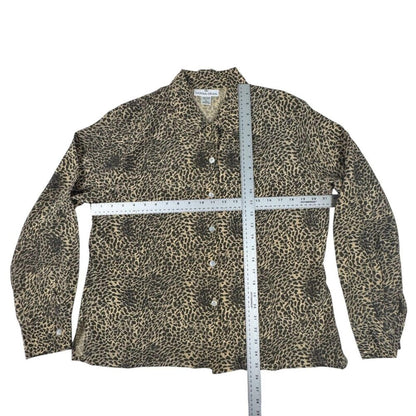 Donna Gray Women Blouse XL Silk Button Down Long Sleeve Animal Print Brown Tan