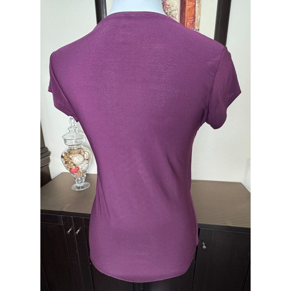 Jason Maxwell Blouse Sz M Purple Surplice Round Neck Short Sleeve Decor Buckle