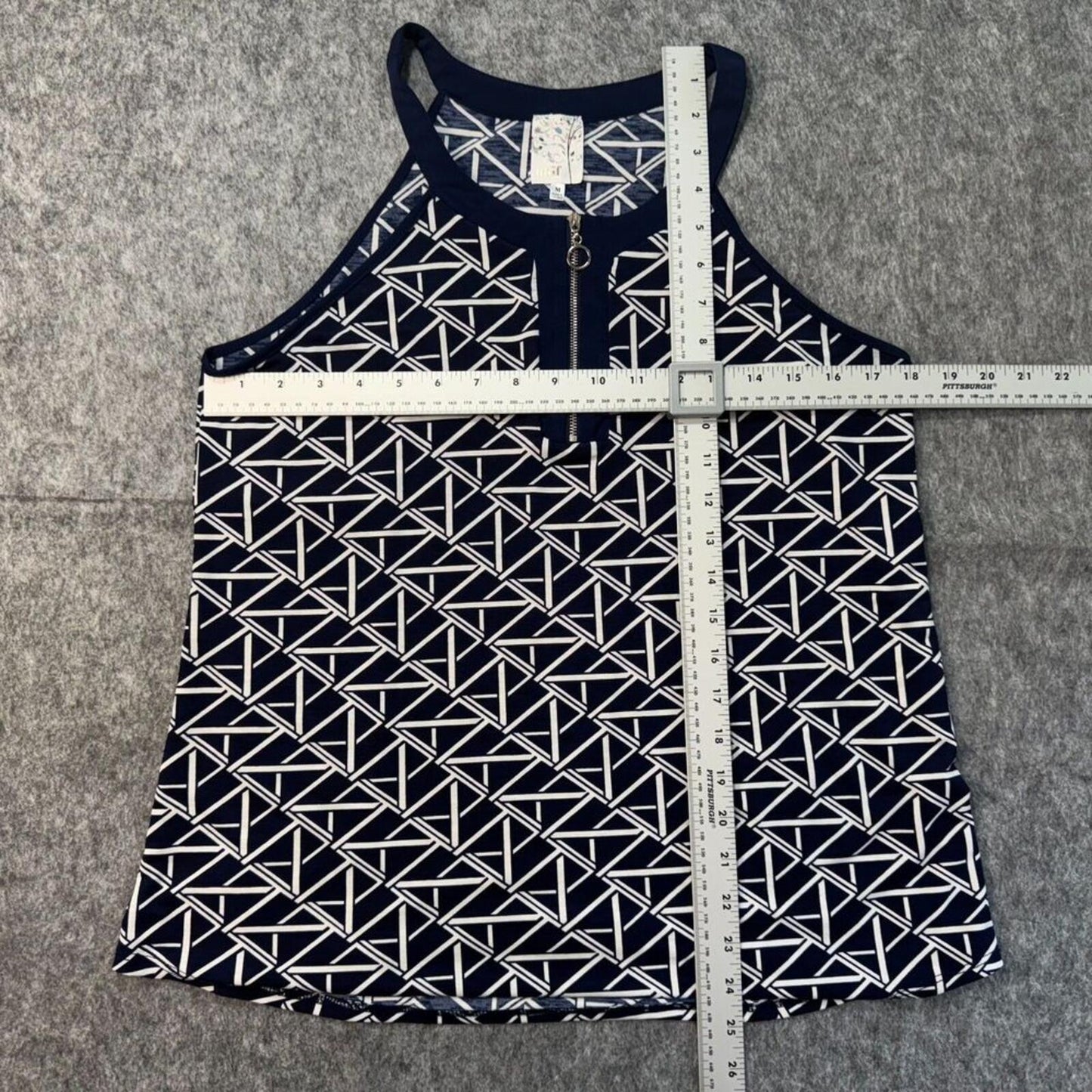 Naif Women Halter Top Size M Navy White Geometric Print Sleeveless Zip Front