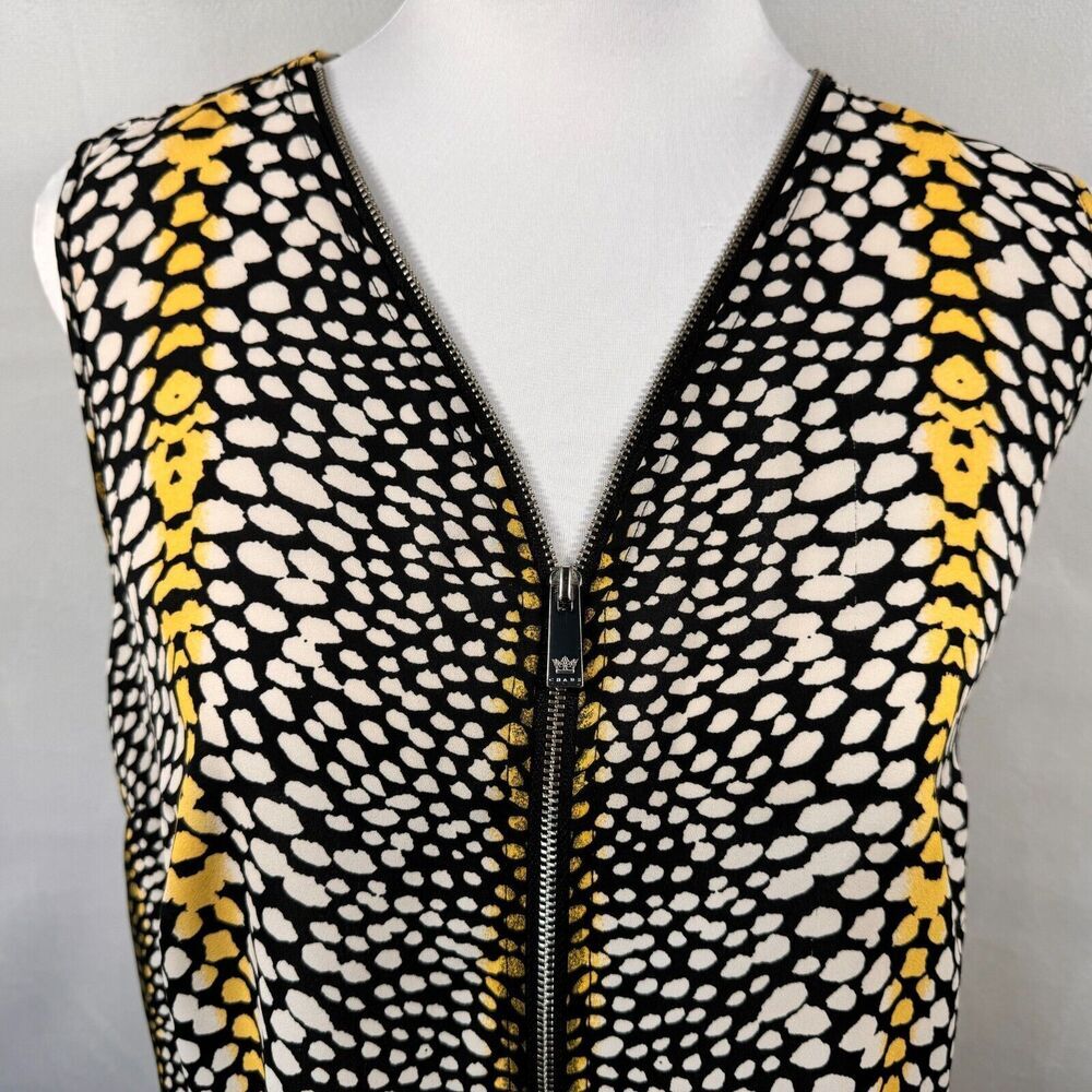 Chaus New York Top Sz M Yellow Black White Safari Front Zip V-Neck Sleeveless