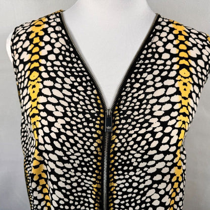 Chaus New York Top Sz M Yellow Black White Safari Front Zip V-Neck Sleeveless