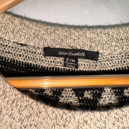 Color Swatch Sz S/M Black and Beige Geometric Print Poncho Sweater