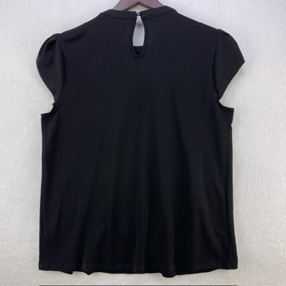 ELLE Blouse Women Sz Small Black Round neck with faux pearls petal short sleeves