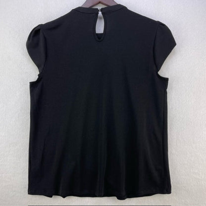 ELLE Blouse Women Sz Small Black Round neck with faux pearls petal short sleeves