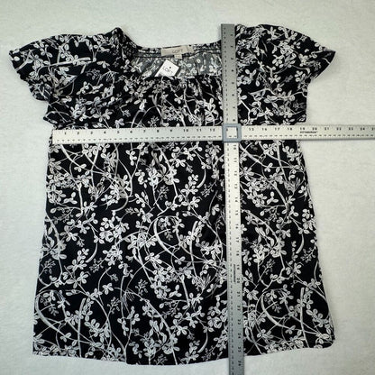 Loft Women Top Sz XS NWT Black Satin Floral Ruched Neckline Short Sleeve