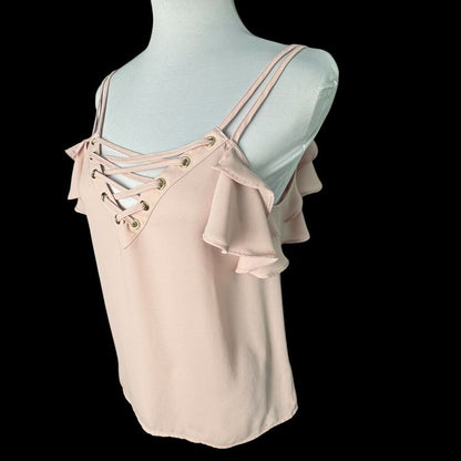 Express Top Sz XS Straps Grommets VNeck Ruffle Cold Shoulder Pullover Dusty Pink