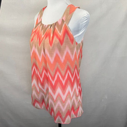 BCX Halter Top Sz S Round Neckline Zig Zag Print Coral Beige Pink Lined Button