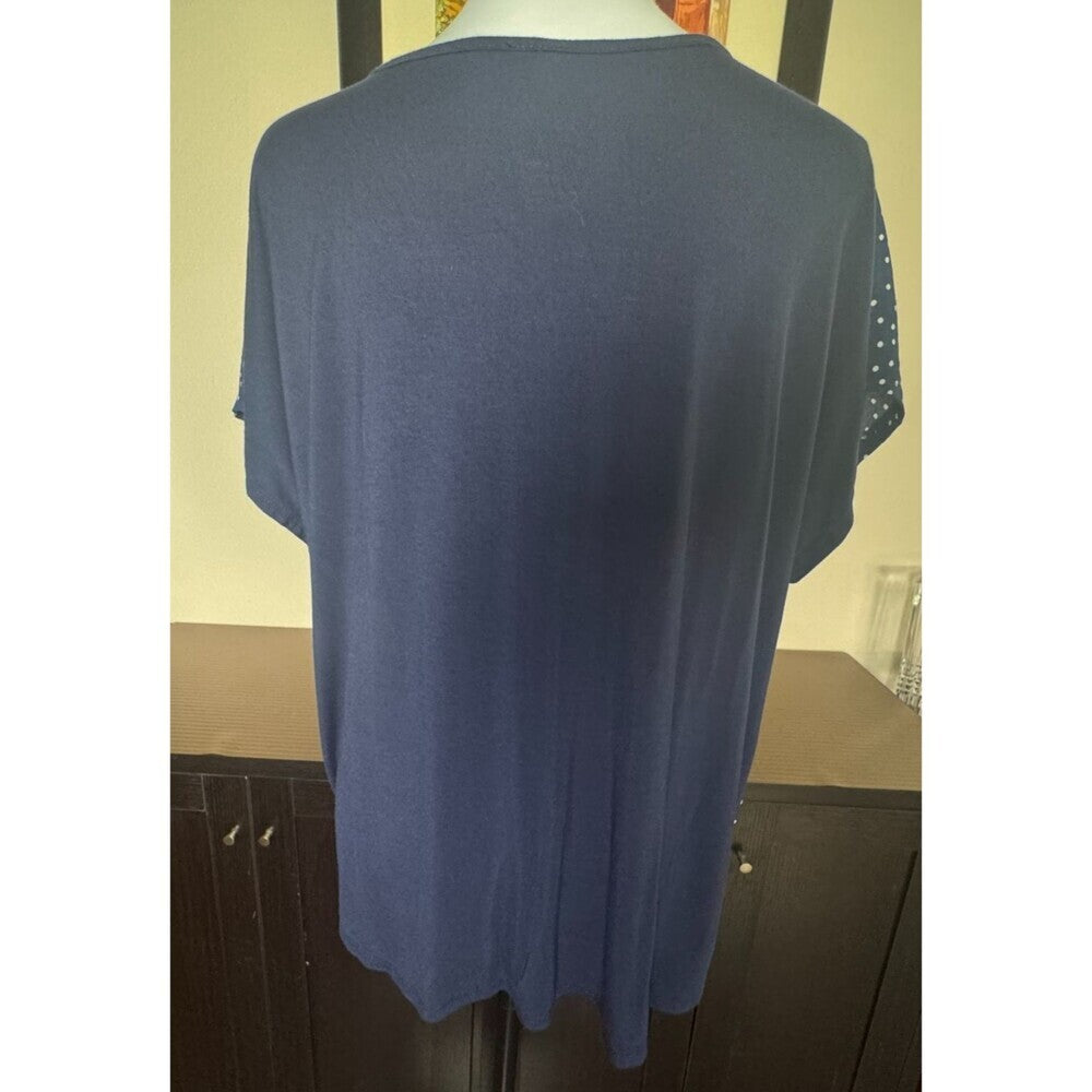 Maxine Nichols Womens Top Sz L/XL Navy Polka Dot Front Knot Round Neck