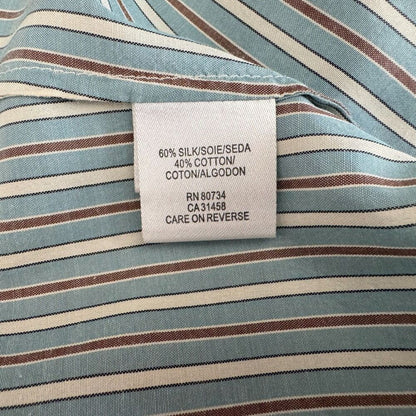 BCBGMaxAzria Top Sz S Crew Pleated Bib Style Neckline Striped Blue Brown Zipper