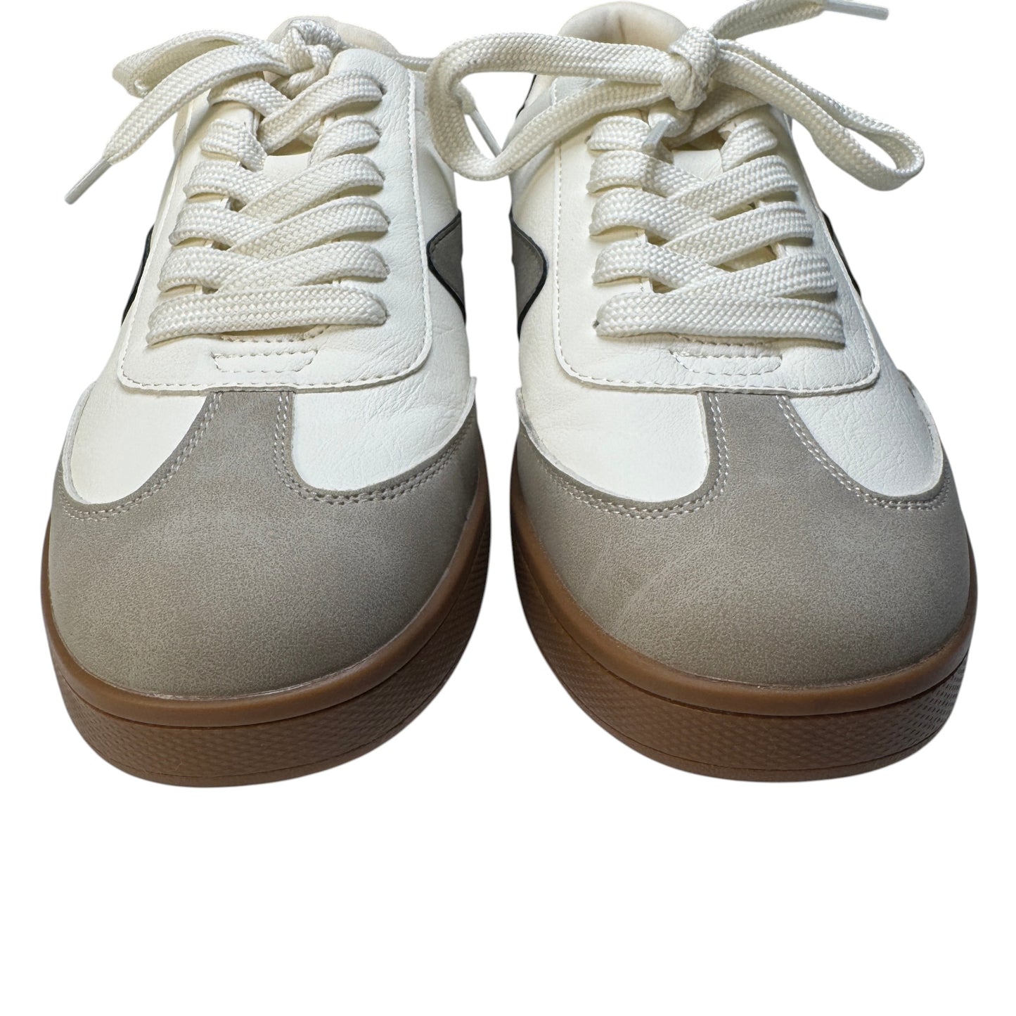 Pair of Dolce Vita Voyage sneakers in ivory, beige, and charcoal from the front.