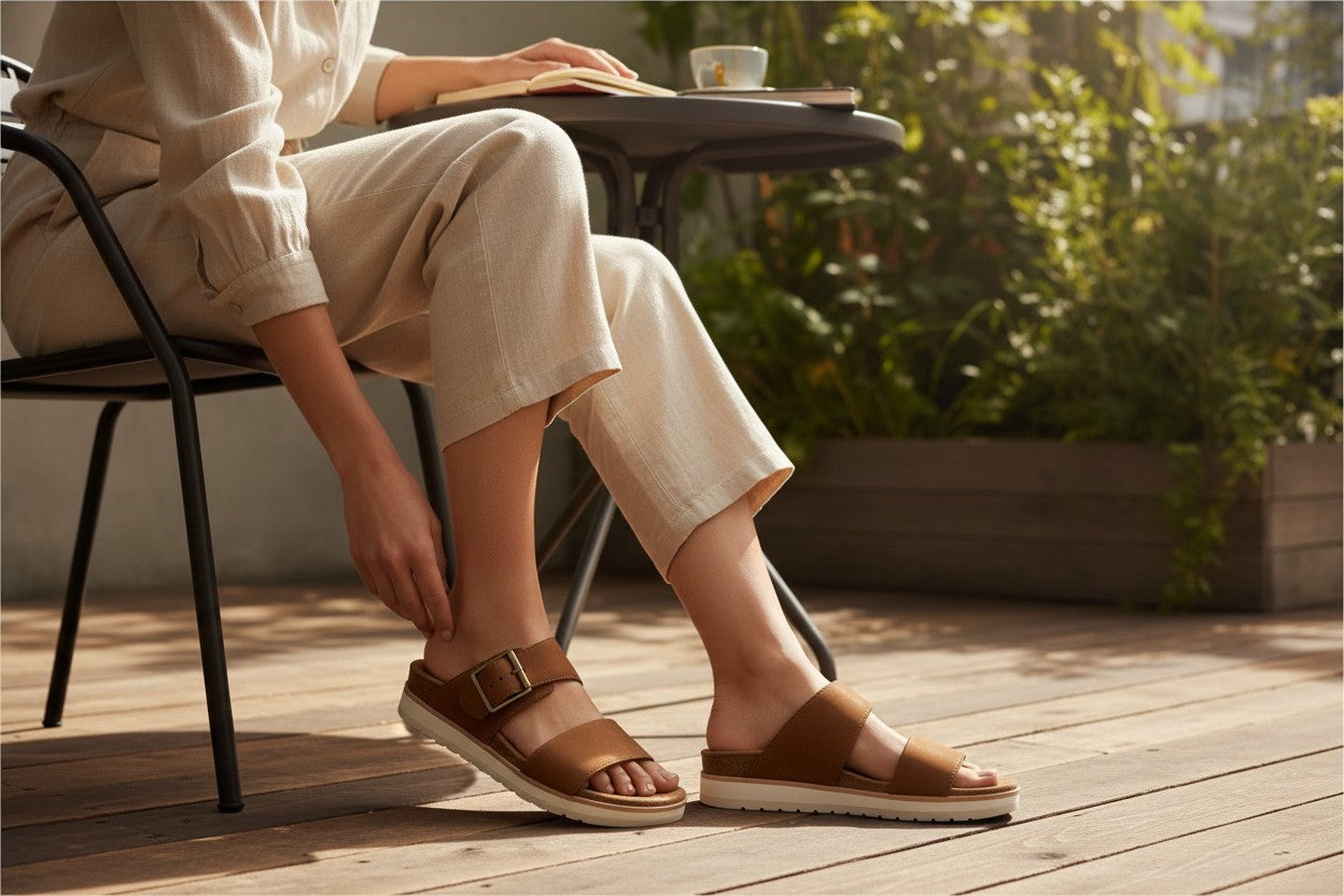TOMS Diana Mule Buckle platform sandals in Brown Sugar leather and suede, size 8.5 with box.