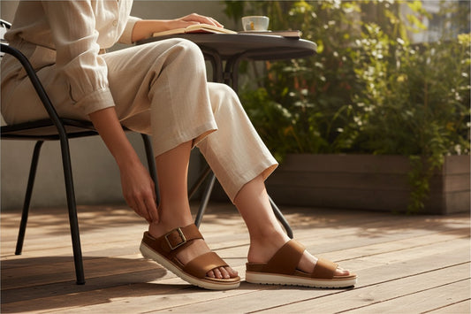 TOMS Diana Mule Buckle platform sandals in Brown Sugar leather and suede, size 8.5 with box.