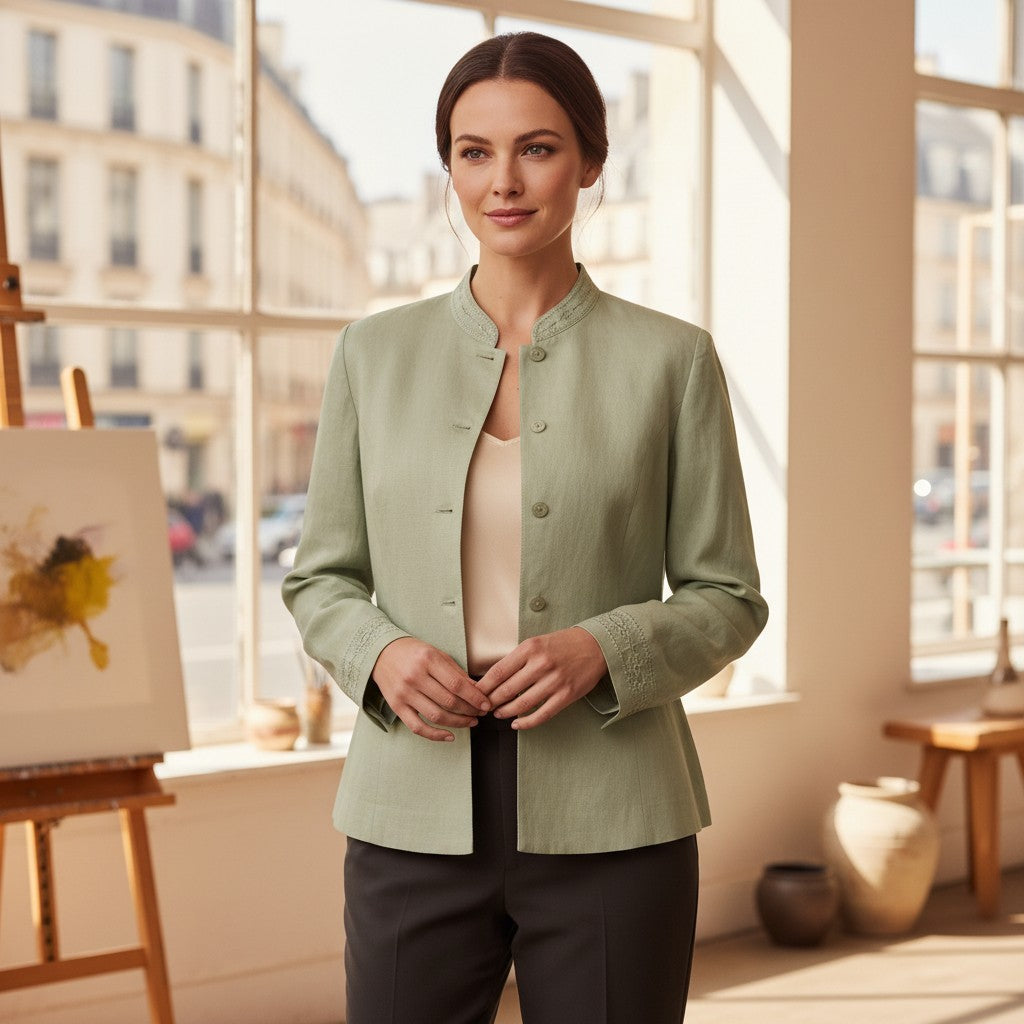 Coldwater Creek sage green button-down blazer jacket with embroidered mandarin collar and sleeve cuffs, size 8.