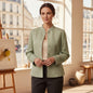 Coldwater Creek sage green button-down blazer jacket with embroidered mandarin collar and sleeve cuffs, size 8.