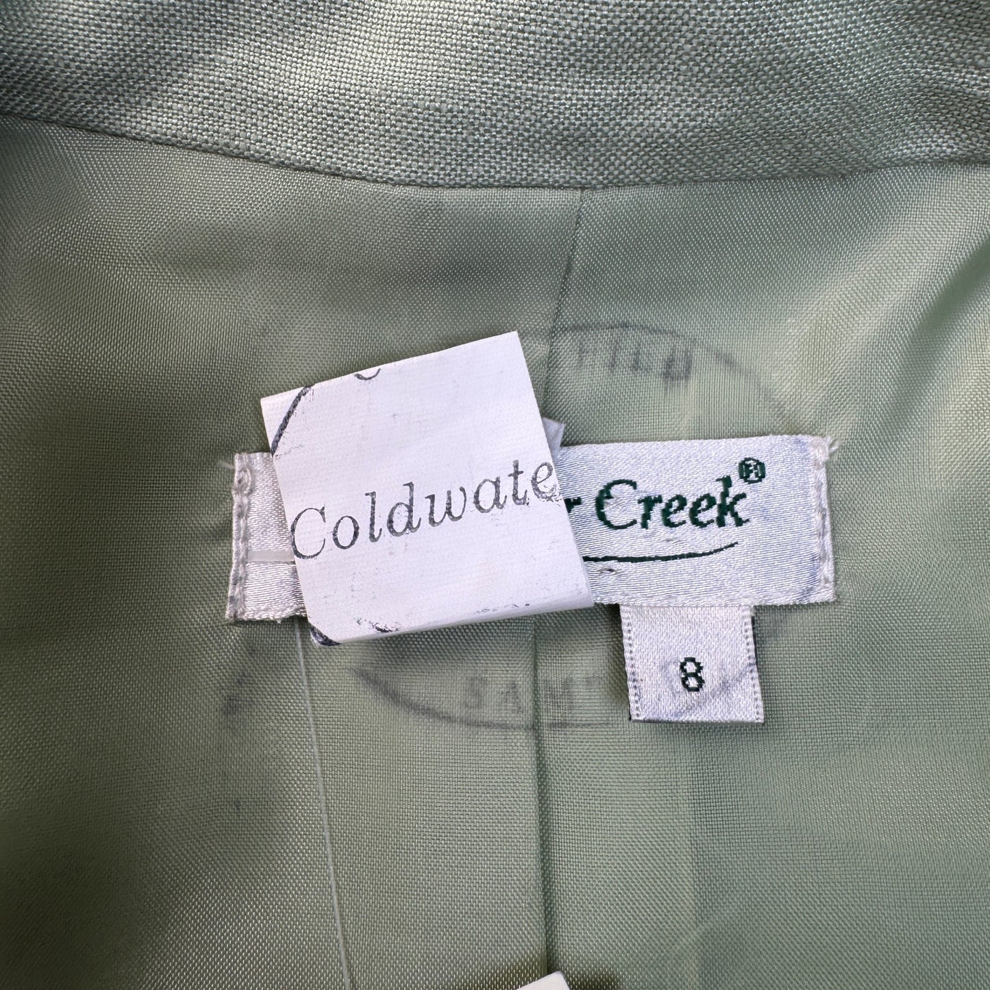 Coldwater Creek Sage Green Embroidered Linen Blend Mandarin Collar Blazer Jacket - Size 8