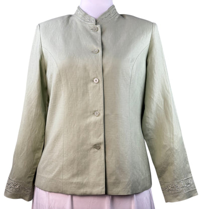 Coldwater Creek Sage Green Embroidered Linen Blend Mandarin Collar Blazer Jacket - Size 8