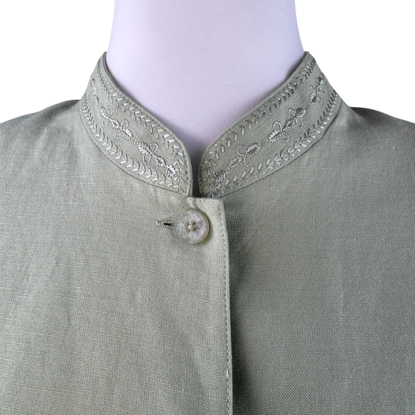 Coldwater Creek Sage Green Embroidered Linen Blend Mandarin Collar Blazer Jacket - Size 8
