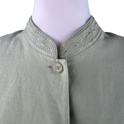 Coldwater Creek Sage Green Embroidered Linen Blend Mandarin Collar Blazer Jacket - Size 8