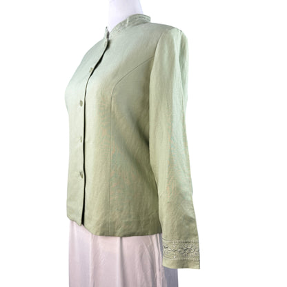 Coldwater Creek Sage Green Embroidered Linen Blend Mandarin Collar Blazer Jacket - Size 8