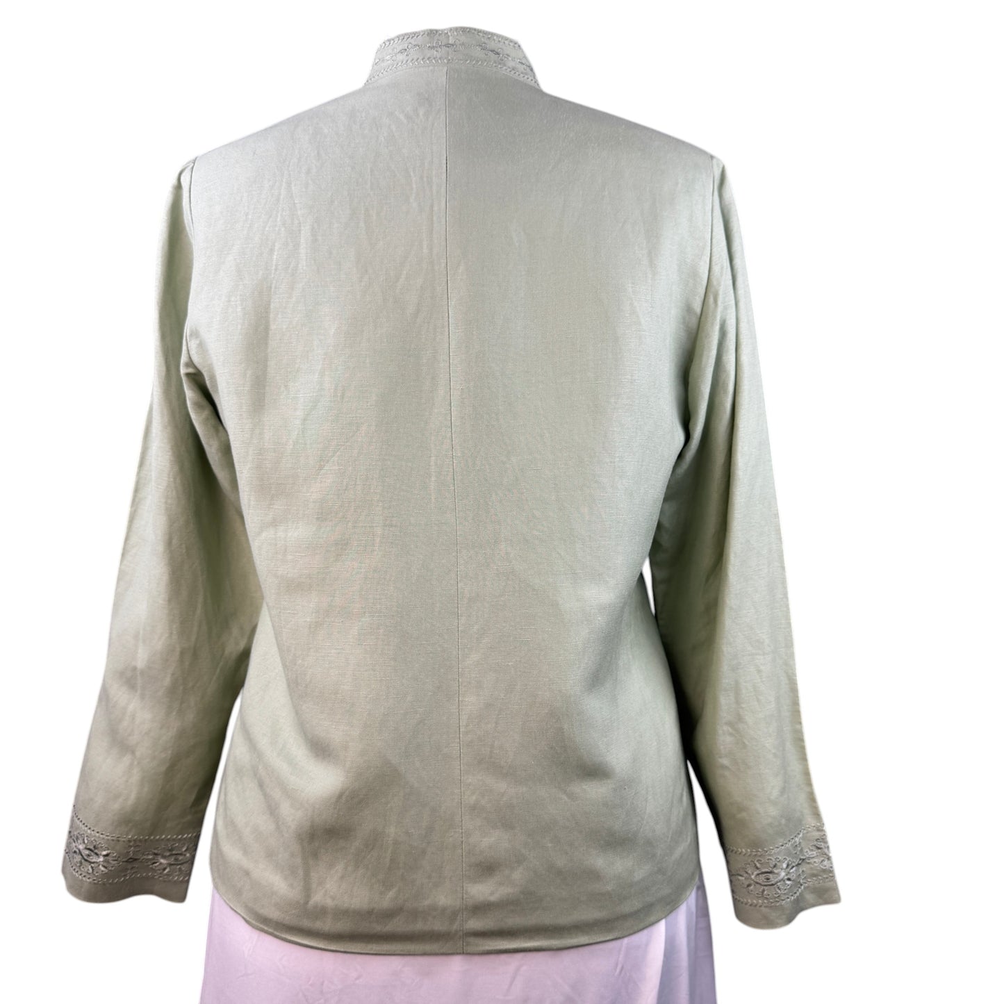 Coldwater Creek Sage Green Embroidered Linen Blend Mandarin Collar Blazer Jacket - Size 8