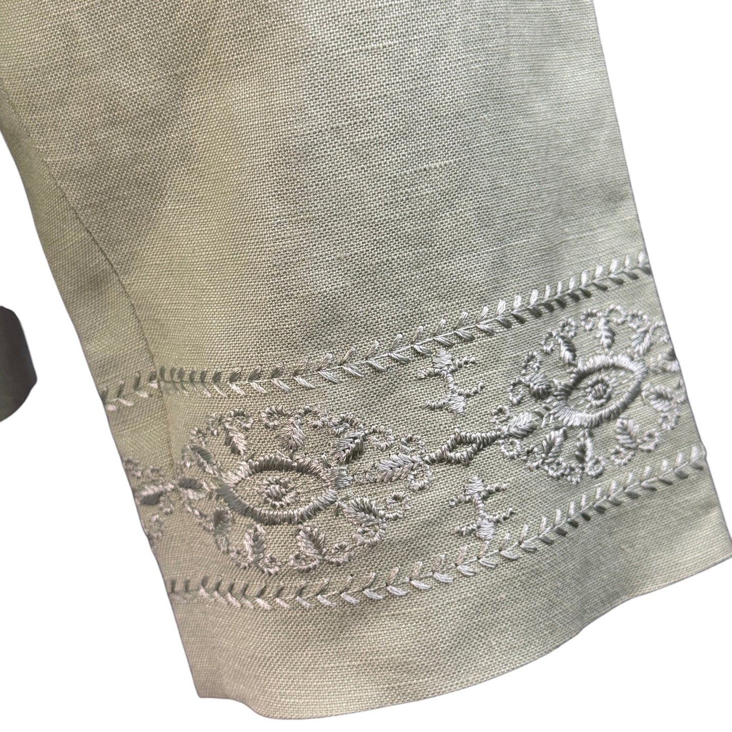 Coldwater Creek Sage Green Embroidered Linen Blend Mandarin Collar Blazer Jacket - Size 8