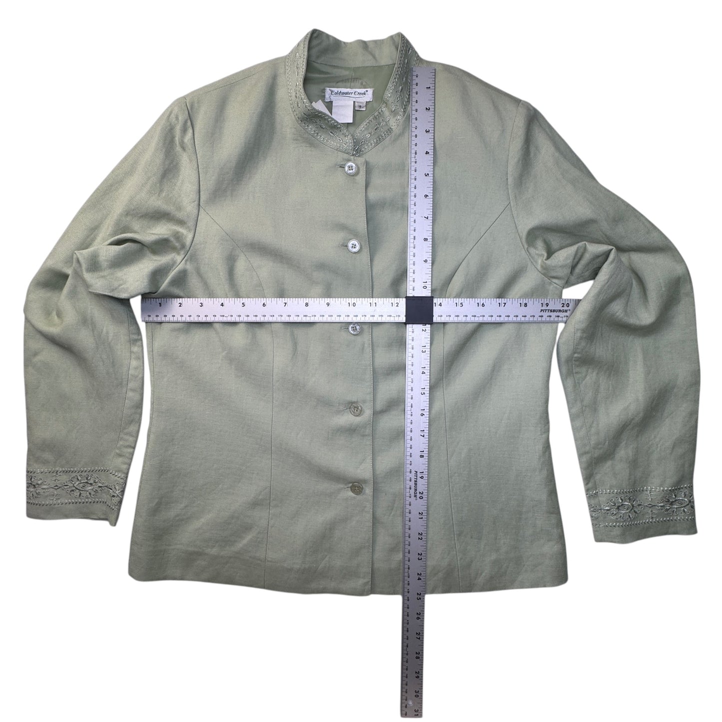 Coldwater Creek Sage Green Embroidered Linen Blend Mandarin Collar Blazer Jacket - Size 8