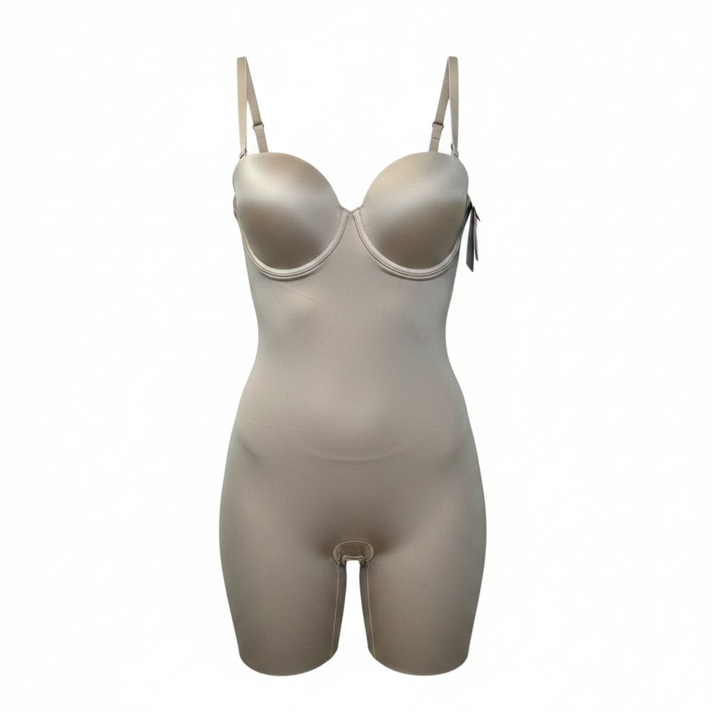 SPANX Suit Your Fancy strapless underwire cupped mid-thigh shaping bodysuit in champagne beige, size Large NWT