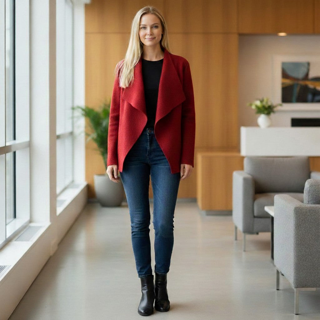 Eileen Fisher 100% Boiled Wool Asymmetric Snap Cardigan Jacket Red - Size M