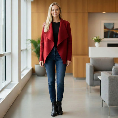 Eileen Fisher 100% Boiled Wool Asymmetric Snap Cardigan Jacket Red - Size M