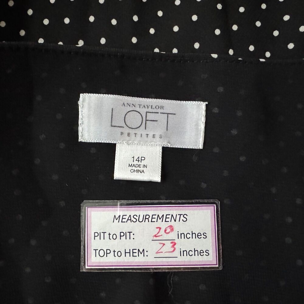 LOFT Women Blouse Sz 14P Black Beige Polka Dot Sleeveless VNeck