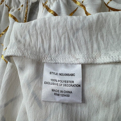 Como Black Ladies Sz S Blouse White Gold Print ruched round neck keyhole