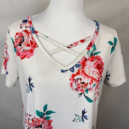 Tickled Women Sz L Dusty White Floral Tunic Short Sleeve Strappy Front Neckline