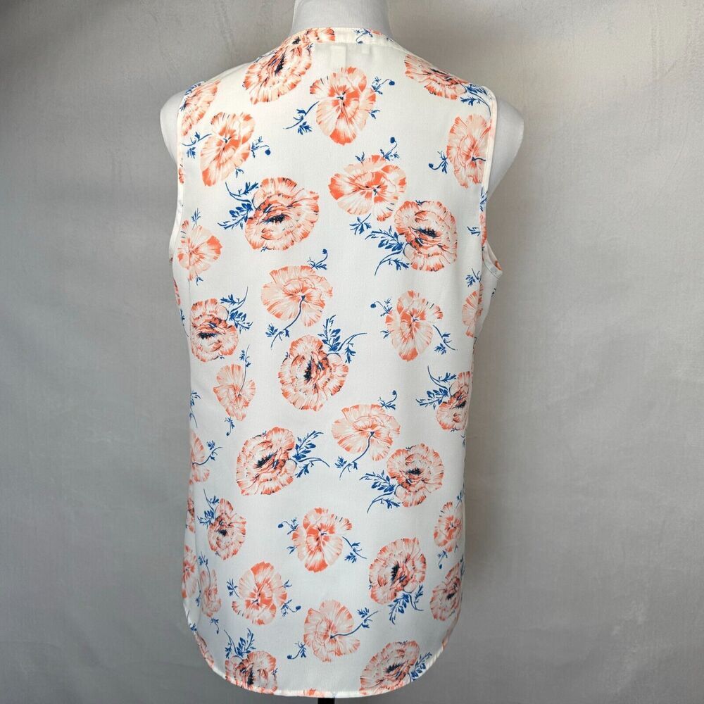 Pale Sky Ladies Sheer Top Sz S White Floral Split Neck Pleated Sleeveless