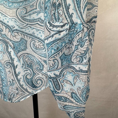 White House Black Market Blouse Sz S Blue Paisley Ruched shoulder Long Sleeve