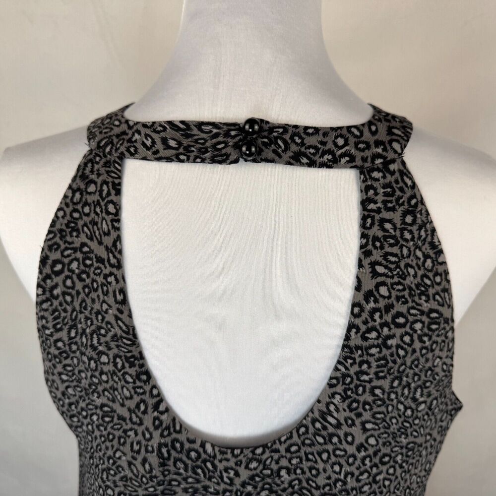 ECI  Top Sz 10 Gray Black Halter Ruffle Front Sleeveless Open Back Animal Print