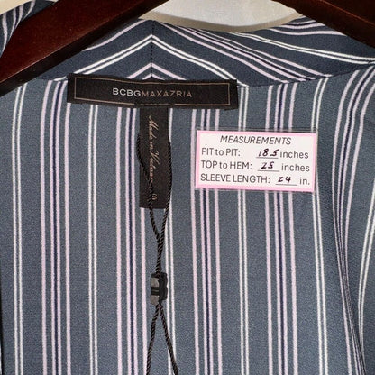 BCBG MaxAzria Blouse Sz S Midnight Teal Asymmetrical Wrap White Pink Stripes NWOT