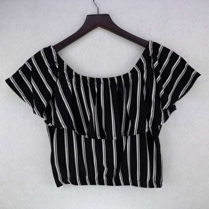 Feathers Ladies Crop Top Sz L Striped Black White Ruffled Sleeves