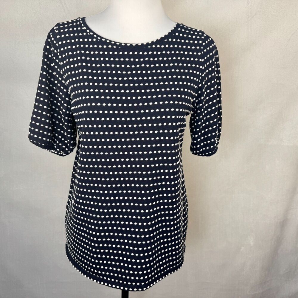 LOFT Knit Top Sz S Navy Embroidered White Polka Dot Ballon Sleeve Boat Neck