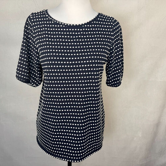 LOFT Knit Top Sz S Navy Embroidered White Polka Dot Ballon Sleeve Boat Neck