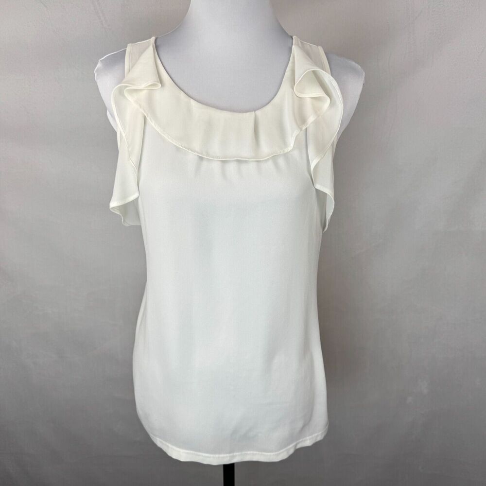 Loft Women Top Sz S Ivory Sleeveless Round Neck Ruffle Pullover