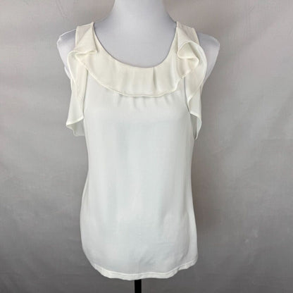 Loft Women Top Sz S Ivory Sleeveless Round Neck Ruffle Pullover