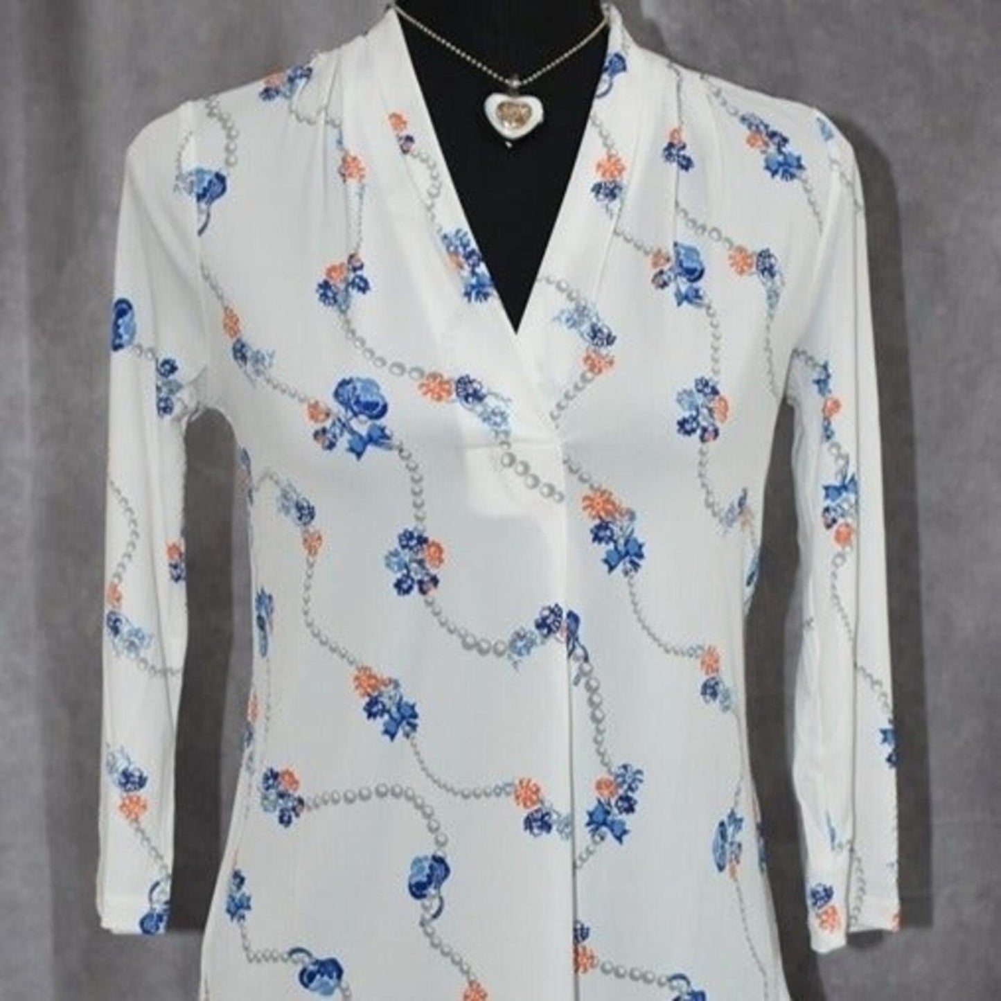 Charter Club White Blouse with Floral in Blue and Orange