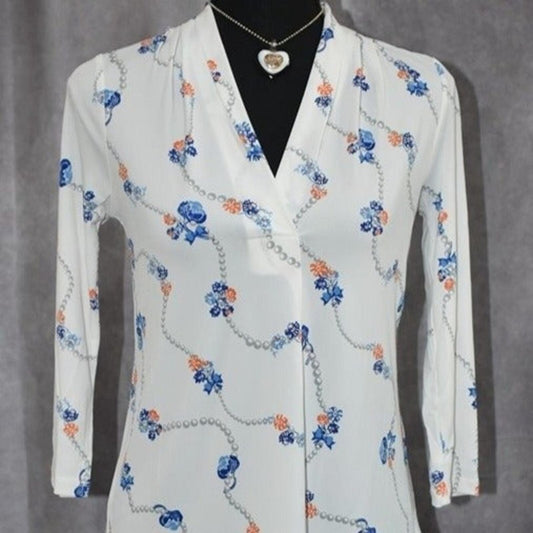 Charter Club White Blouse with Floral in Blue and Orange