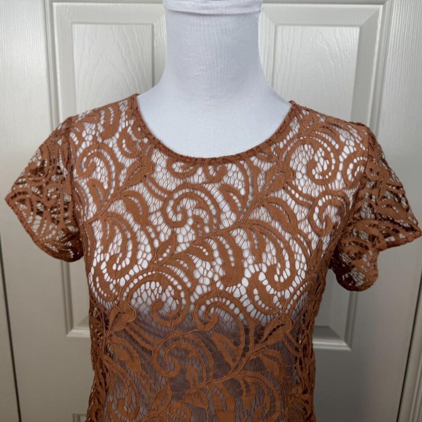 Loft Women Top Sz XS Copper Color Lace Short Sleeve Round Neck Unlined Pullover