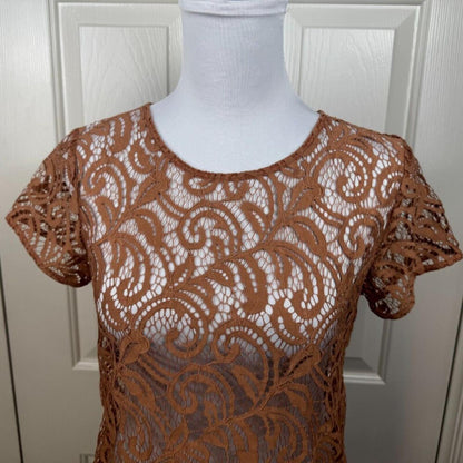 Loft Women Top Sz XS Copper Color Lace Short Sleeve Round Neck Unlined Pullover